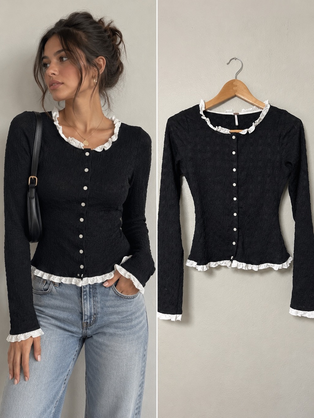 Free People Blackbird Back cardigan sweater white ruffle textured button up XS